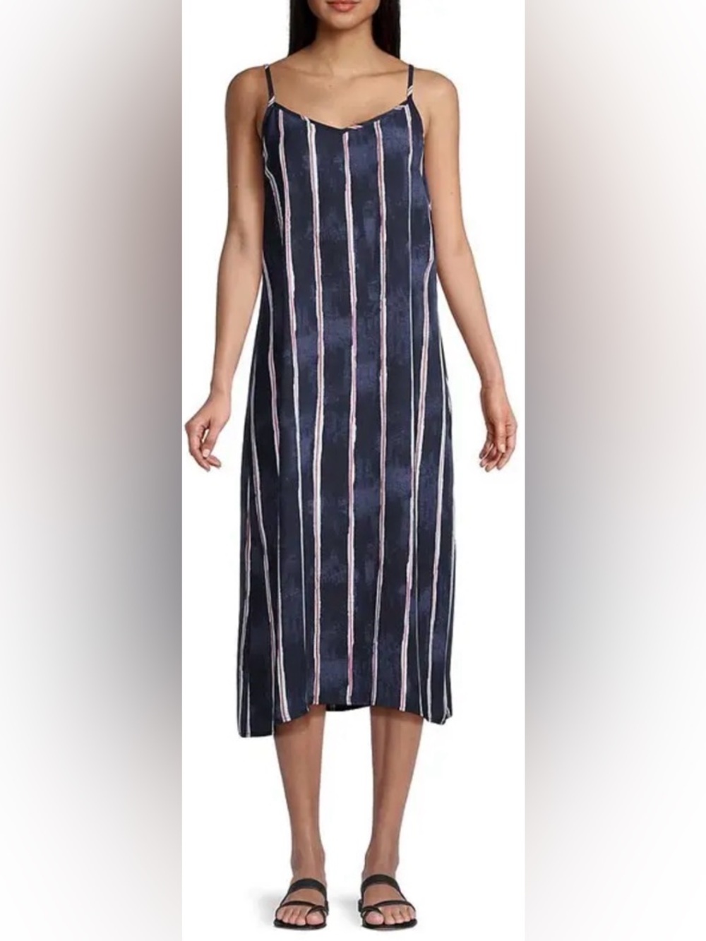 Nic + Zoe Wavy Lines Slip Dress Indigo Multi XL Coastal Chic Minimalist Striped